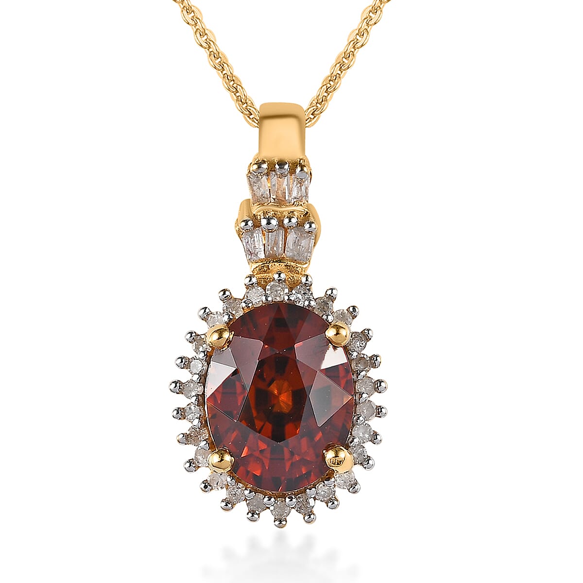 Premium Red Zircon and Diamond Sunburst Pendant Necklace 20 Inches in Vermeil Yellow Gold Over Sterling Silver 3.20 ctw