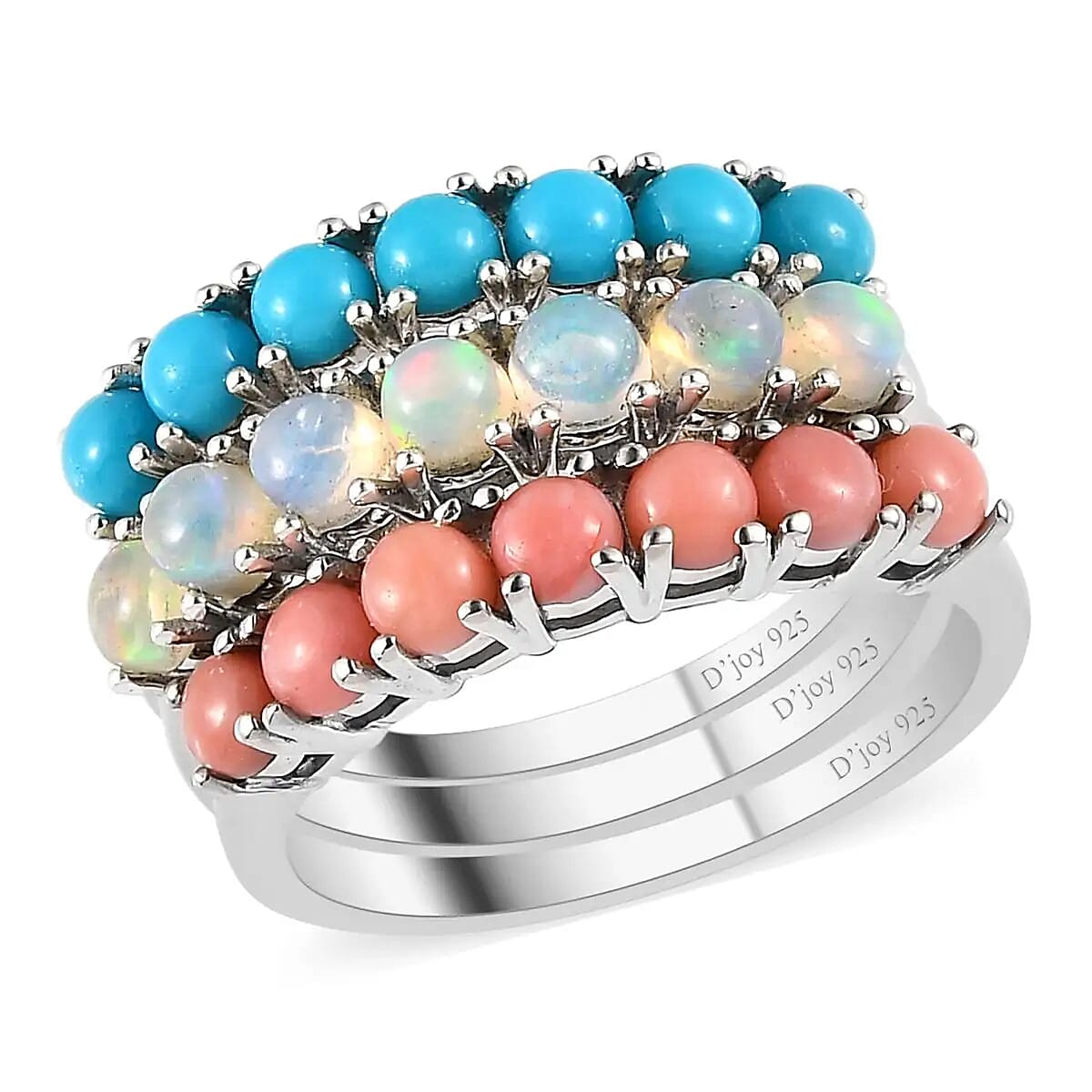 Sleeping Beauty Turquoise, Ethiopian Welo Opal and Peach Opal Set of 3 Ring in Platinum Over Sterling Silver 2.40 ctw (Del. in 7-10 Days)