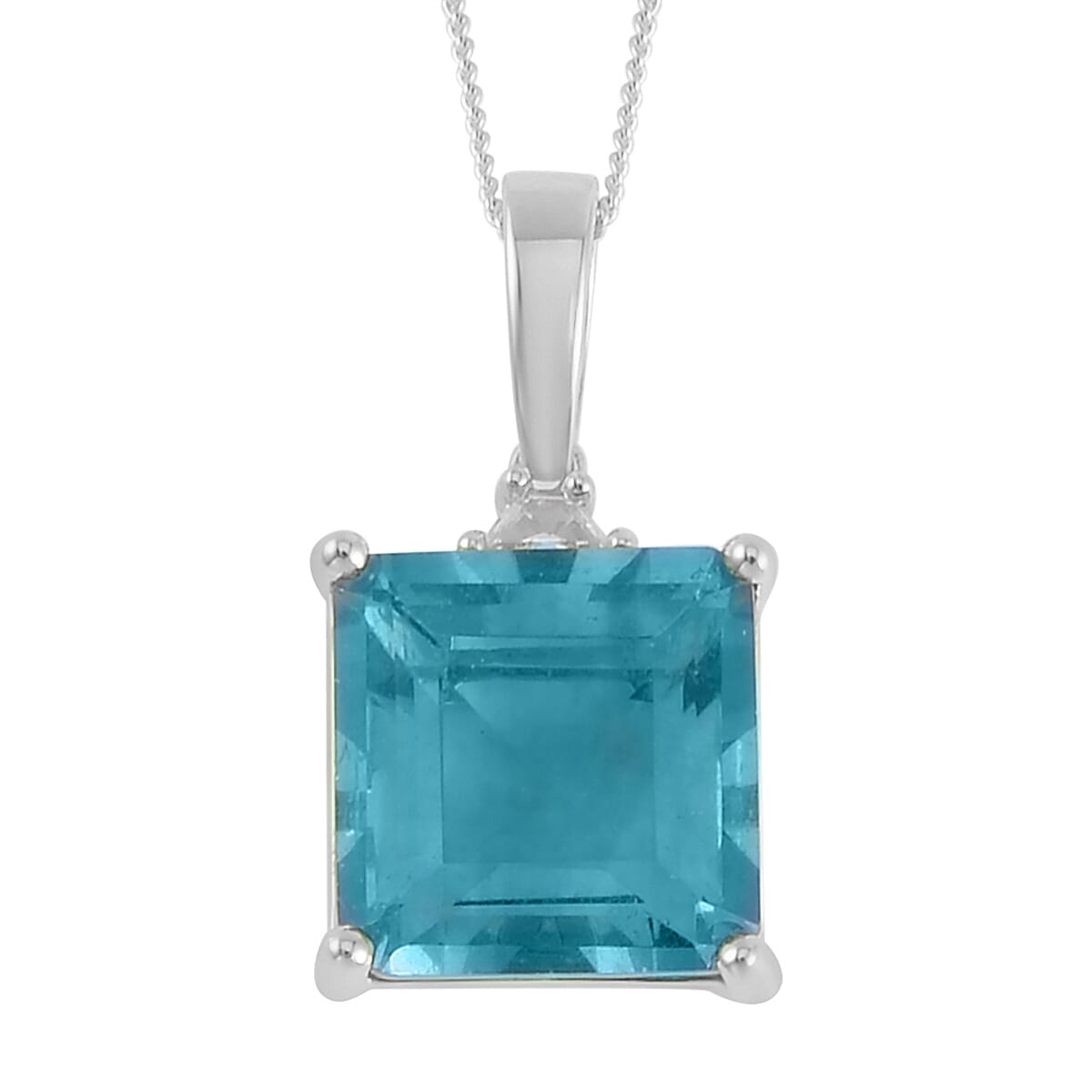 Asscher Cut Dean Teal Fluorite (IR) and White Topaz 10.10 ctw Pendant Necklace in Platinum Over Sterling Silver 18 Inches