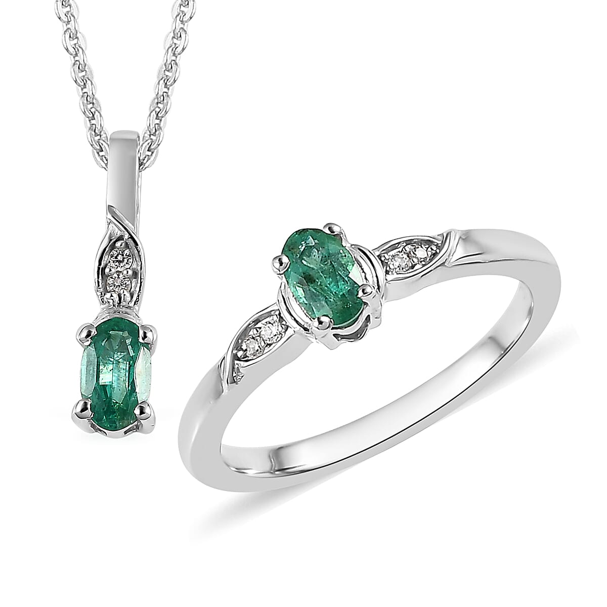 AAA Kagem Zambian Emerald, White Zircon Ring (Size 5.0) and Pendant Necklace 20 Inches in Platinum Over Sterling Silver 0.50 ctw