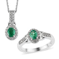 AAA Kagem Zambian Emerald, Zircon Halo Ring and Pendant Necklace 20 Inches in Platinum Over Sterling Silver 1.30 ctw - Sticky add to cart bar