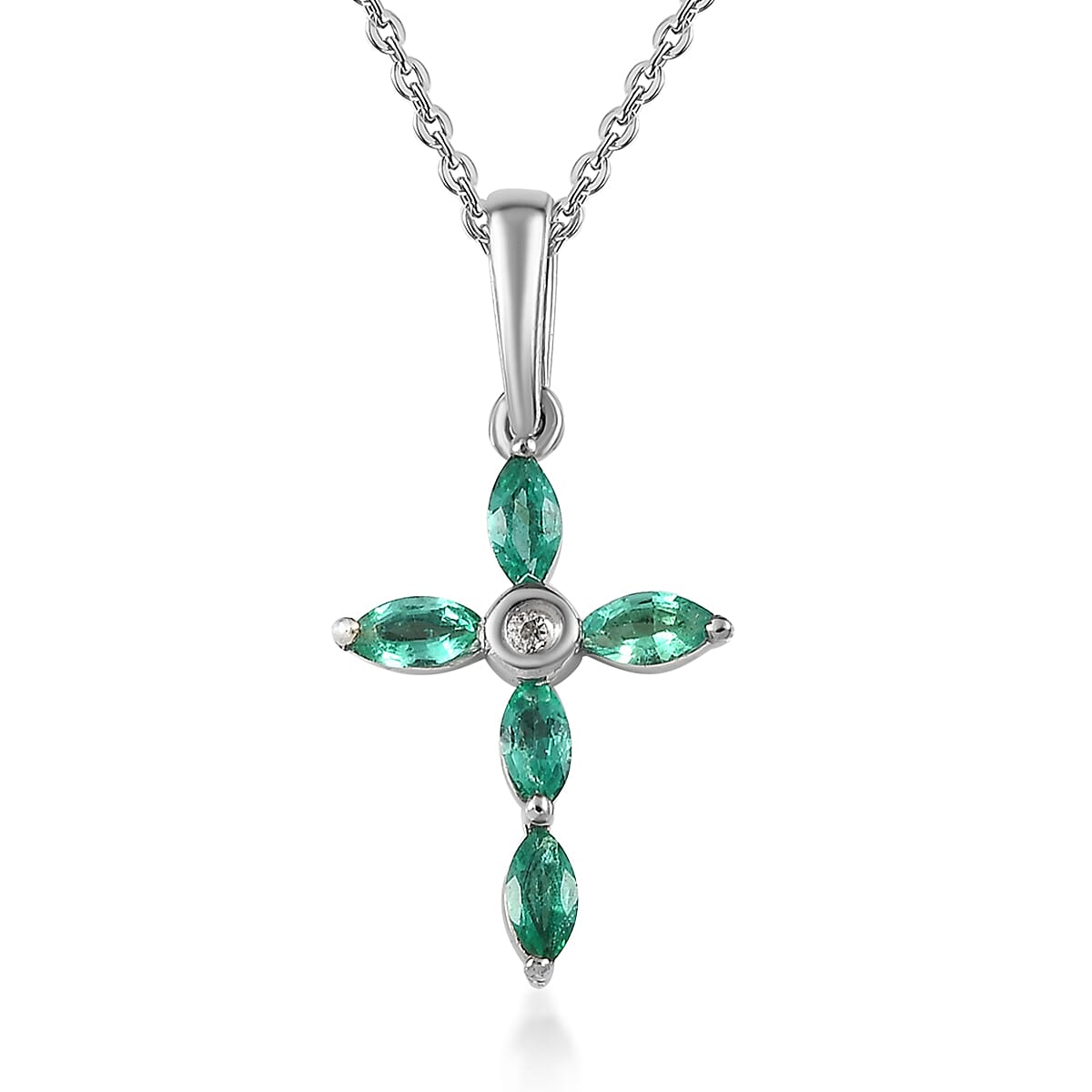 AAA Kagem Zambian Emerald, Moissanite Cross Pendant Necklace (20 Inches) in Platinum Over Sterling Silver