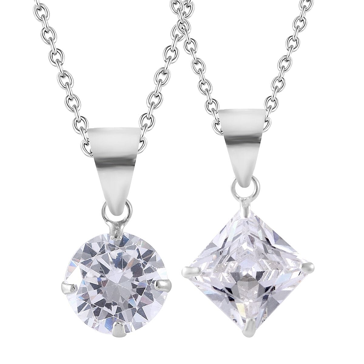 Simulated White Diamond Set of 2 Pendants with Necklace 18 Inches in Sterling Silver & Stainless Steel 6.00 ctw