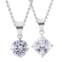 Simulated White Diamond Set of 2 Pendants with Necklace 18 Inches in Sterling Silver & Stainless Steel 6.00 ctw