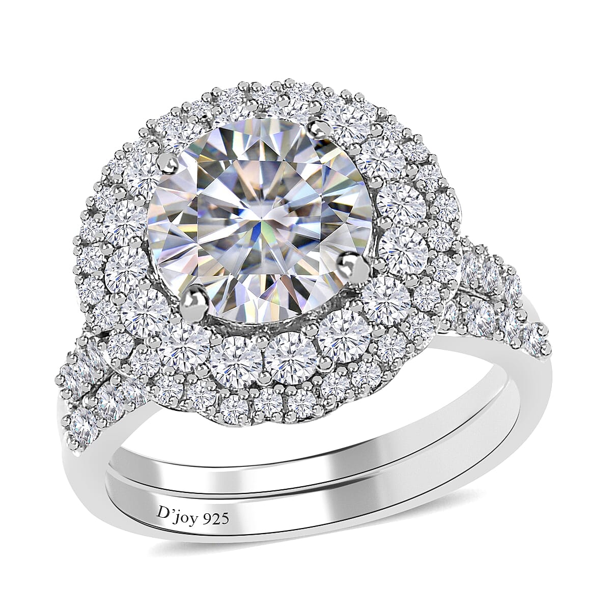 TLV Moissanite (Rnd 9mm) Set of 2 Ring in Platinum Over Sterling Silver (Size 5.0) 3.80 ctw