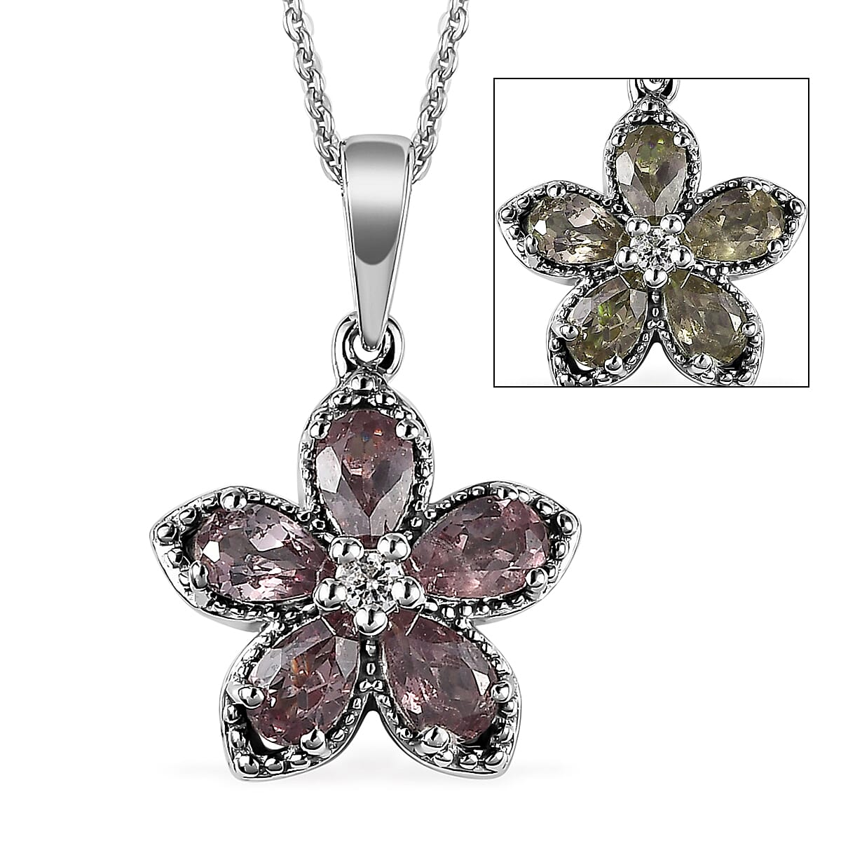 Bekily Color Change Garnet and White Zircon Floral Pendant Necklace 20 Inches in Platinum Over Sterling Silver 1.35 ctw