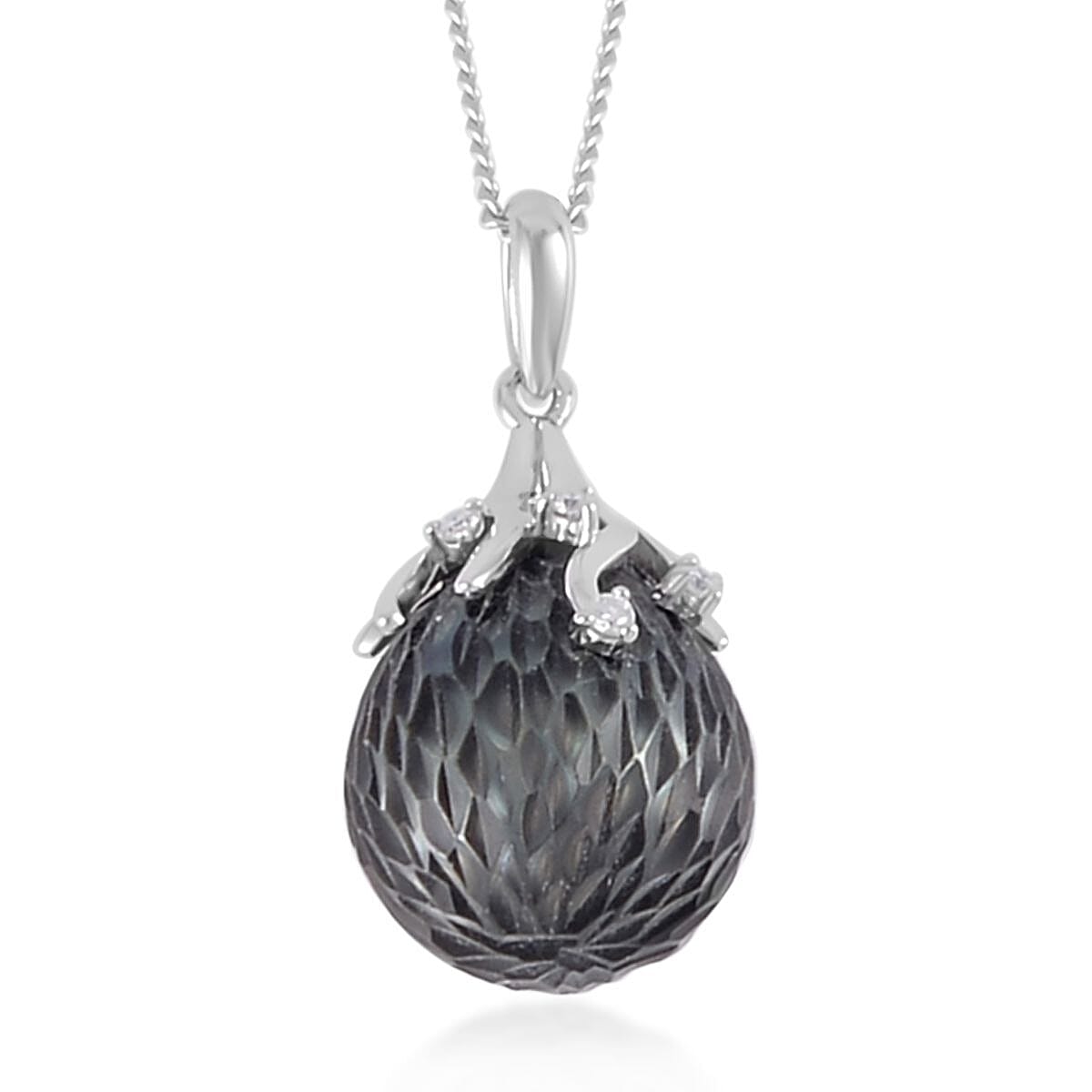 Tahitian Cultured Carved Pearl 9-10mm and Moissanite Pendant Necklace 18 Inches in Rhodium Over Sterling Silver 0.05 ctw