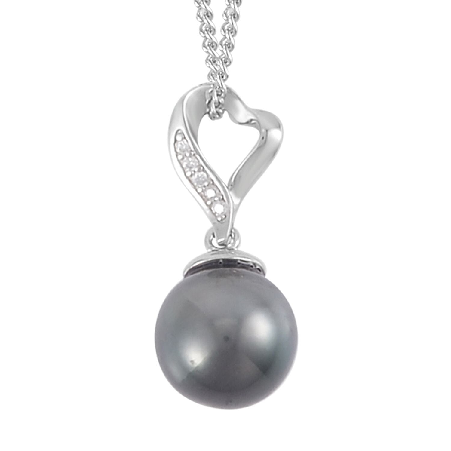 Tahitian Cultured Pearl 9-10mm and Moissanite Pendant Necklace 18 Inches in Rhodium Over Sterling Silver