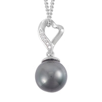 Tahitian Cultured Pearl 9-10mm and Moissanite Pendant Necklace 18 Inches in Rhodium Over Sterling Silver