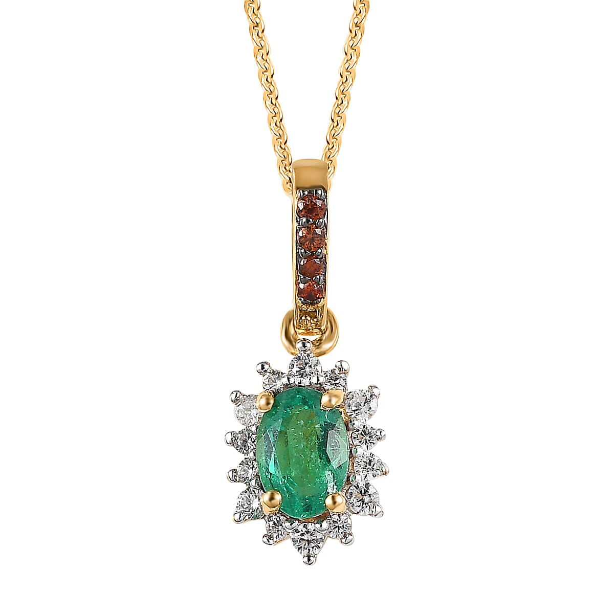 AAA Kagem Zambian Emerald and Brown and White Zircon Sunburst Pendant Necklace 20 Inches in Vermeil Yellow Gold Over Sterling Silver 0.65 ctw