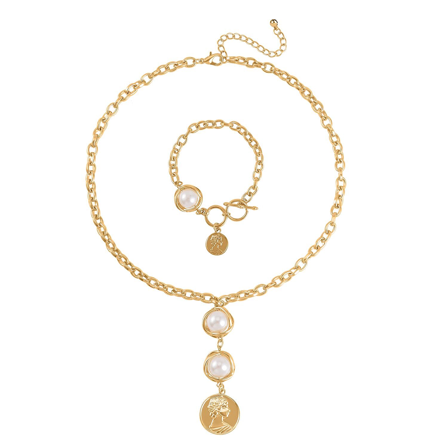 Simulated Pearl Necklace 20-22 Inches and Bracelet 7-8In in Silvertone