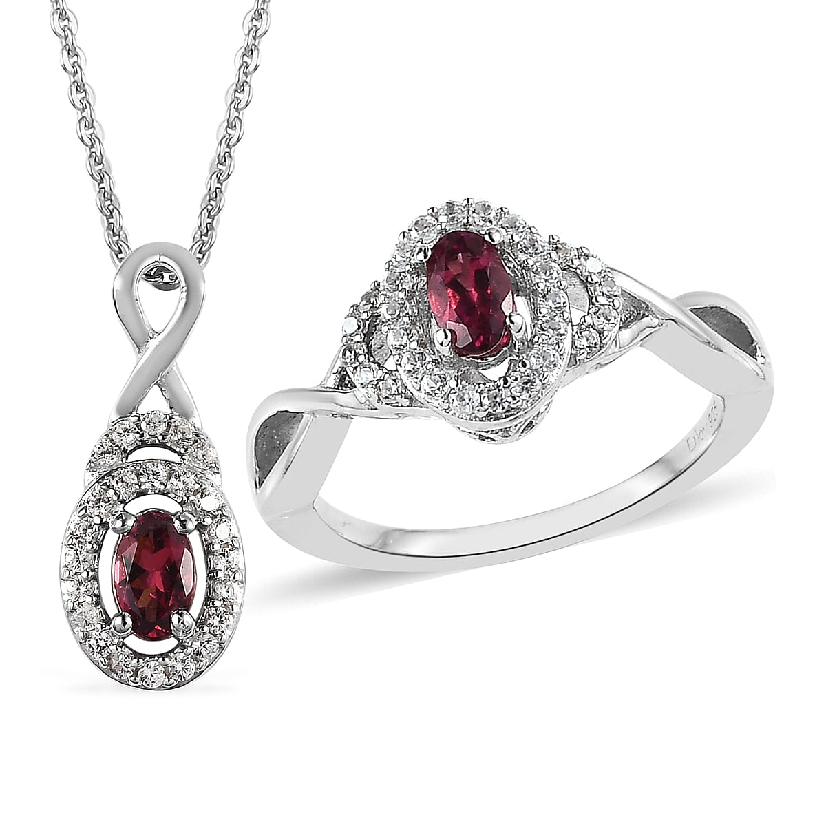 Premium Ouro Fino Rubellite, White Zircon Ring and Pendant Necklace 20 Inches in Platinum Over Sterling Silver 0.90 ctw