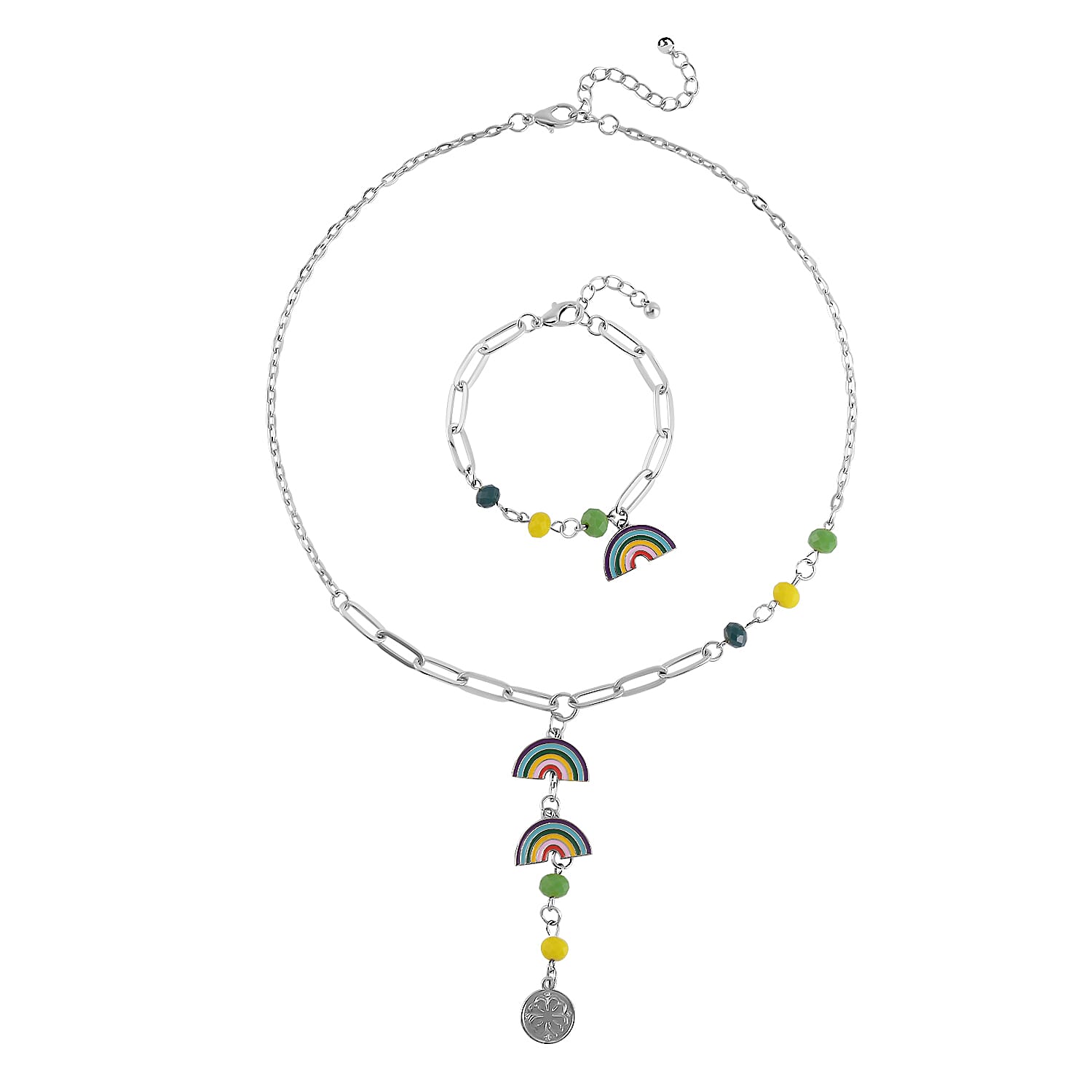 Multi Color Glass, Enameled Floral Charm Necklace 20-22 Inches and Bracelet (7.50-9.50In) in Silvertone