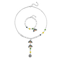 Multi Color Glass, Enameled Floral Charm Necklace 20-22 Inches and Bracelet (7.50-9.50In) in Silvertone