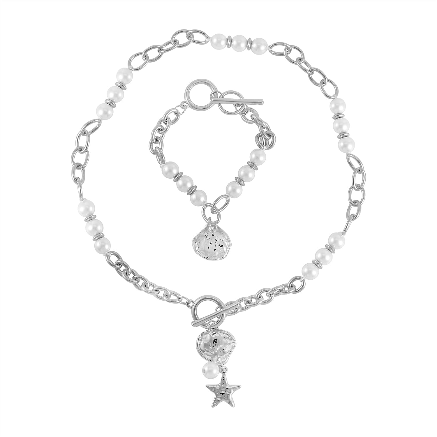 Simulated Pearl, Enameled Floral Charm Beaded Necklace (20-22 Inches) and Bracelet (7.50-9.50In) in Silvertone