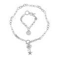 Simulated Pearl, Enameled Floral Charm Beaded Necklace (20-22 Inches) and Bracelet (7.50-9.50In) in Silvertone - Sticky add to cart bar