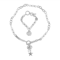 Simulated Pearl, Enameled Floral Charm Beaded Necklace (20-22 Inches) and Bracelet (7.50-9.50In) in Silvertone