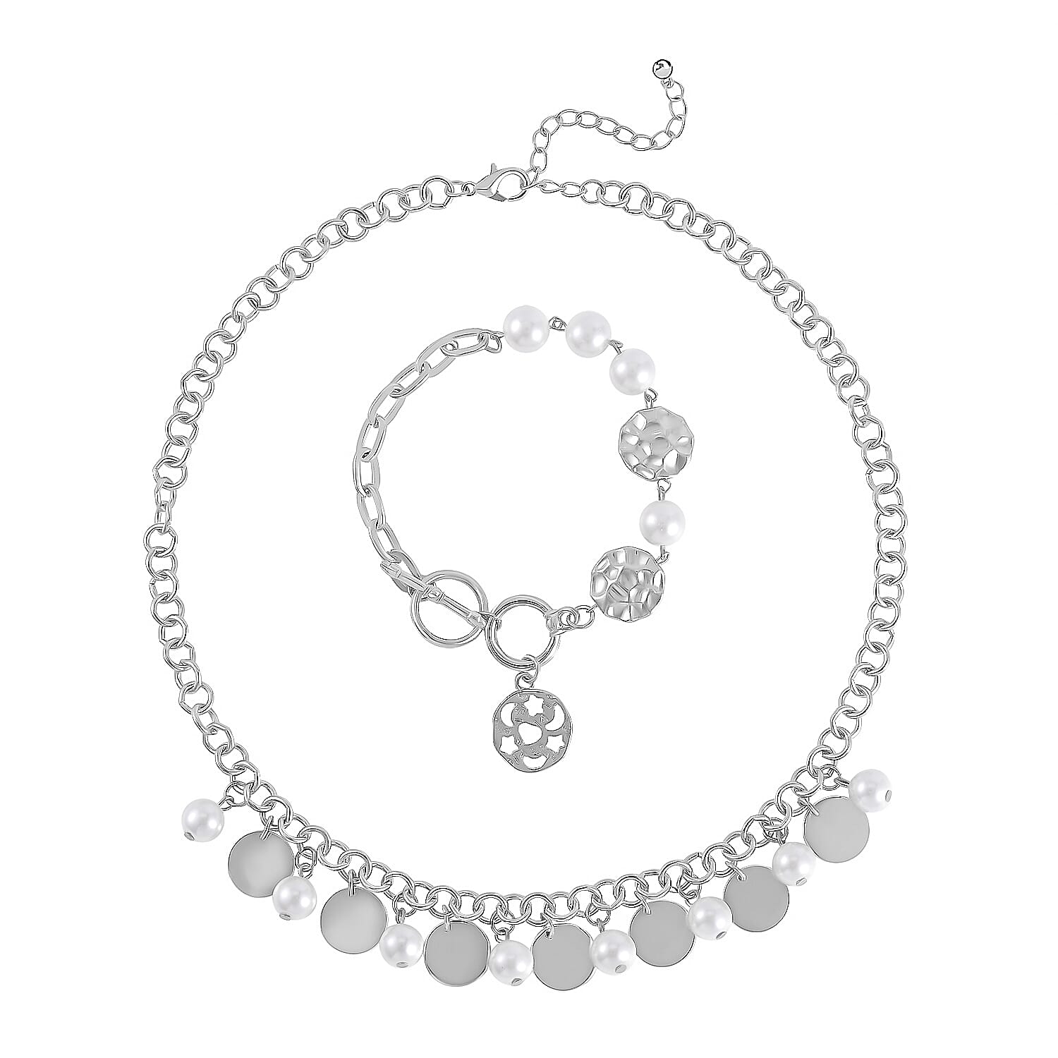 Simulated Pearl Necklace 20-22 Inches and Bracelet 8In in Silvertone