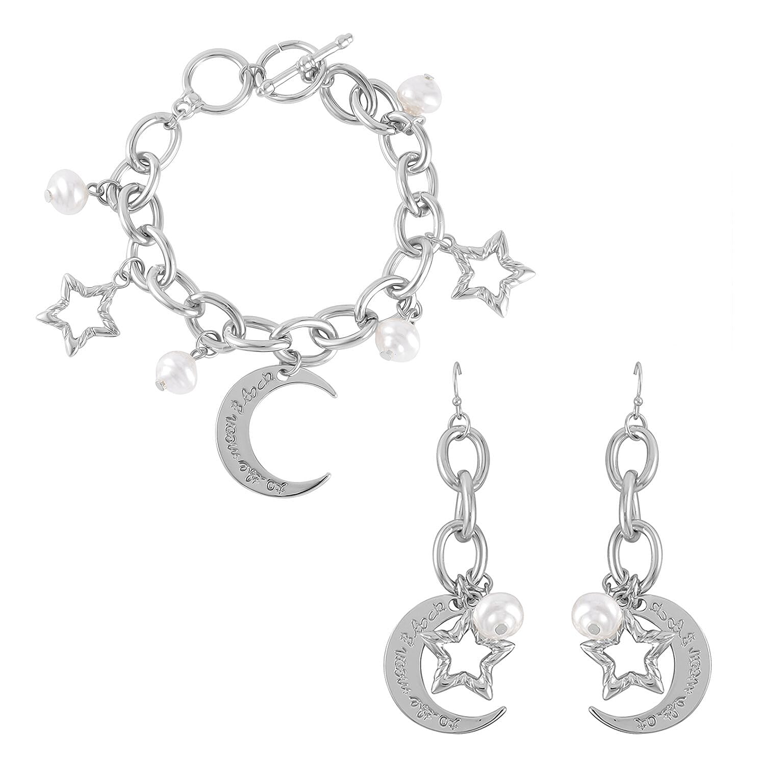 Simulated Pearl Bracelet (7.50-8.50In) and Earrings in Silvertone