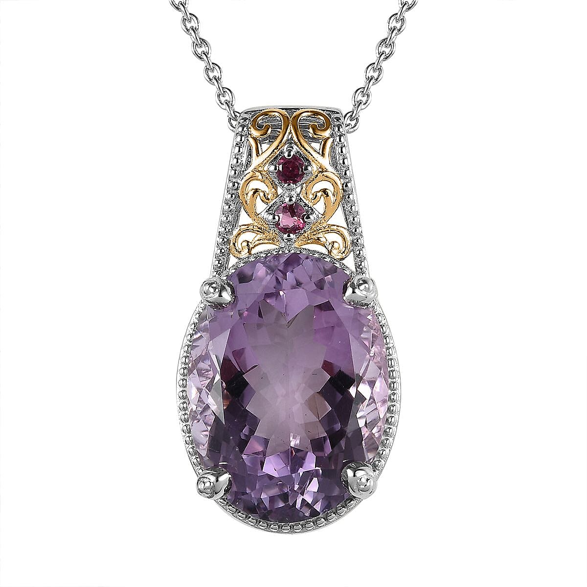 Rose De France Amethyst and Orissa Rhodolite Garnet Pendant Necklace 20 Inches in Vermeil YG and Platinum Over Sterling Silver 15.75 ctw