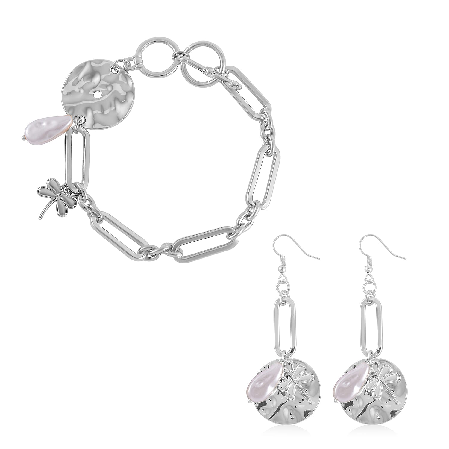 Simulated Pearl Paper Clip Chain Toggle Clasp Bracelet (8In) and Dangle Earrings in Silvertone
