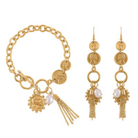 Freshwater Pearl Toggle Clasp Bracelet (7.50In) and Dangle Earrings in Silvertone