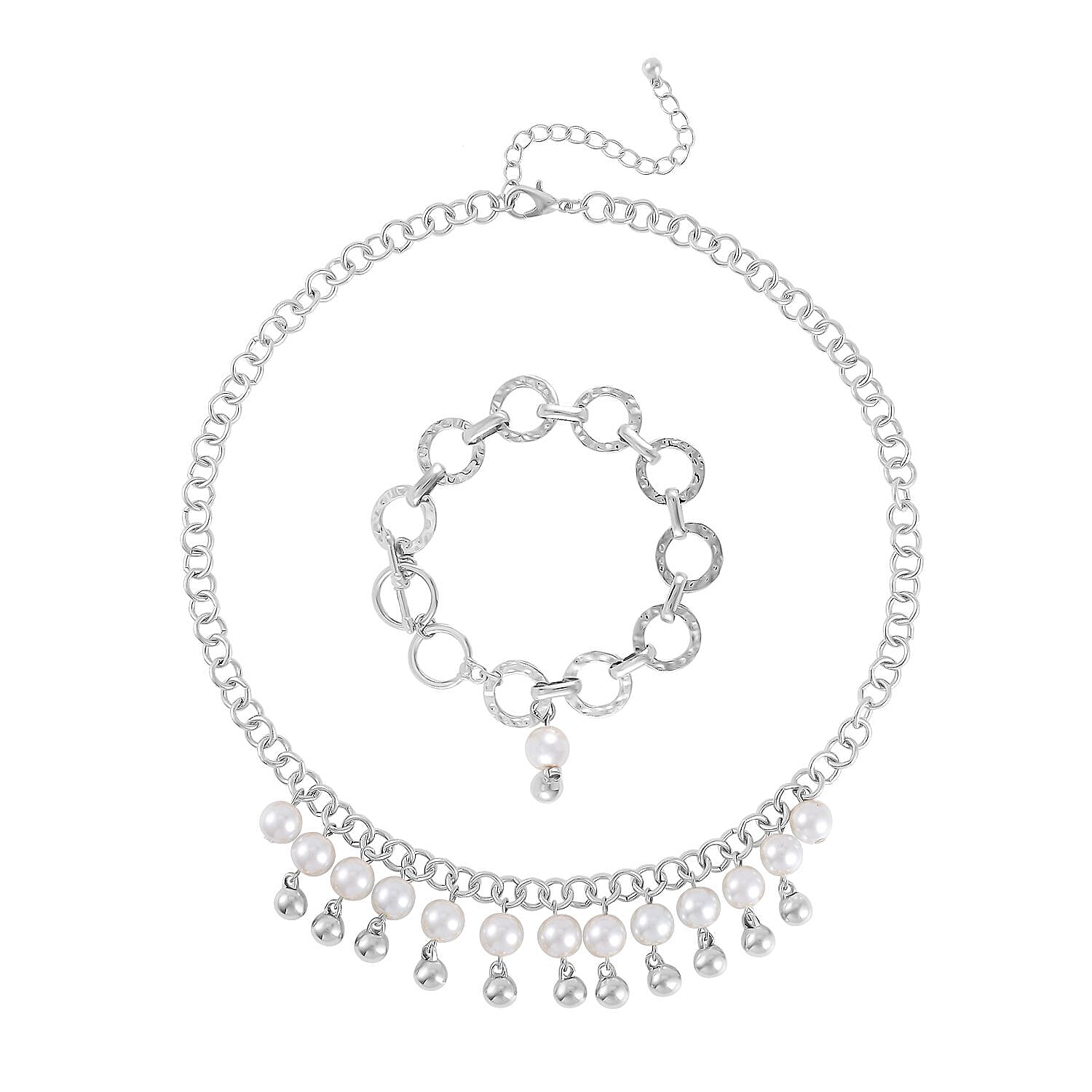 Simulated Pearl Glass Necklace 20-22 Inches and Bracelet 8In in Silvertone