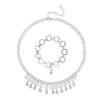 Simulated Pearl Glass Necklace 20-22 Inches and Bracelet 8In in Silvertone