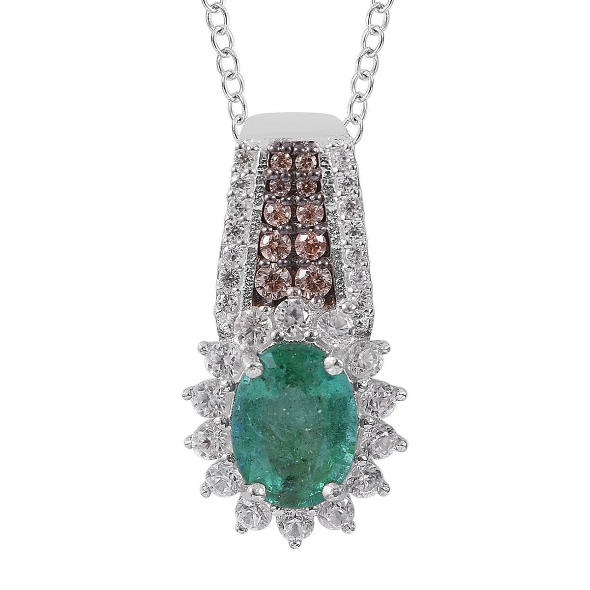 AAA Kagem Zambian Emerald, White and Brown Zircon Sunburst Pendant Necklace 18 Inches in Platinum Over Sterling Silver 1.85 ctw