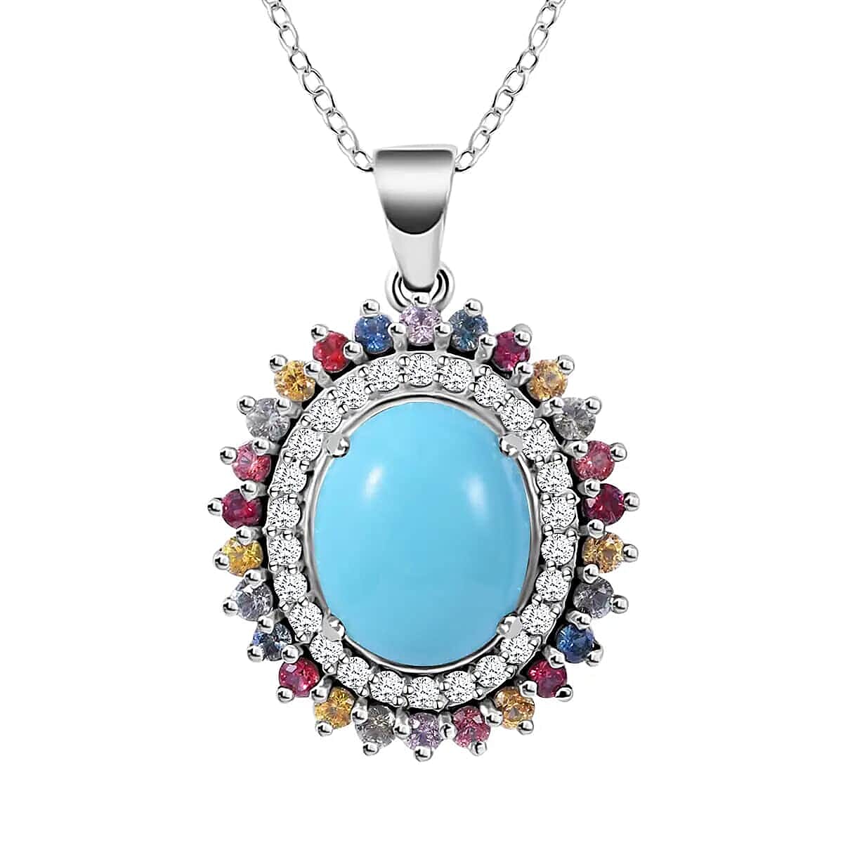 Premium Sleeping Beauty Turquoise and Multi Gemstone Double Halo Pendant Necklace 18 Inches in Platinum Over Sterling Silver 5.25 ctw