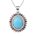 Premium Sleeping Beauty Turquoise and Multi Gemstone Double Halo Pendant Necklace 18 Inches in Platinum Over Sterling Silver 5.25 ctw - Sticky add to cart bar