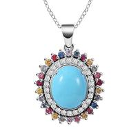 Premium Sleeping Beauty Turquoise and Multi Gemstone Double Halo Pendant Necklace 18 Inches in Platinum Over Sterling Silver 5.25 ctw