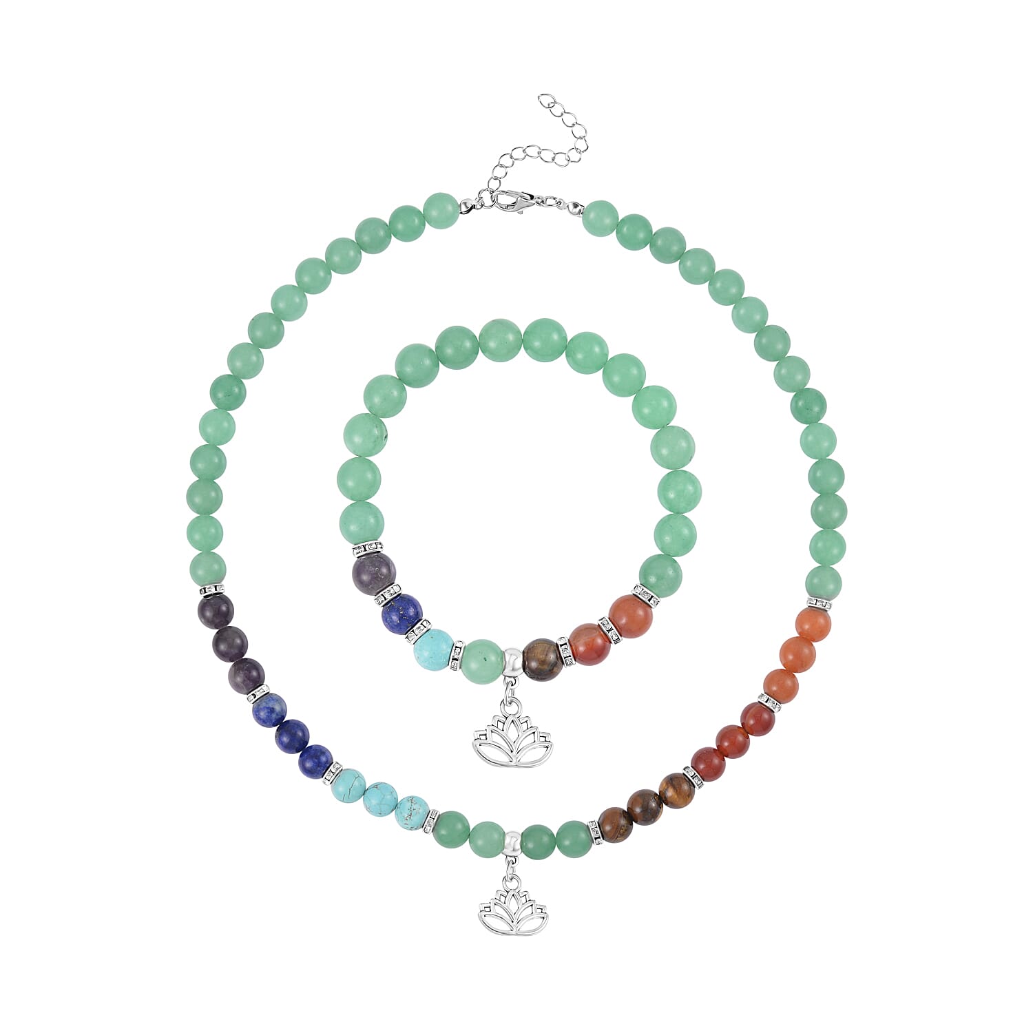 Multi Gemstone Beaded 7 Chakra Stretch Bracelet and Necklace 18-20 Inches with Elephant Charm in Silvertone 288.50 ctw