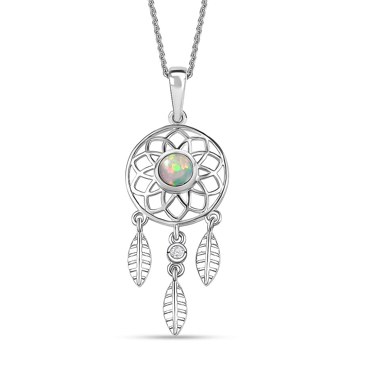 Premium Ethiopian Welo Opal and White Zircon Pendant Necklace 20 Inches in Platinum Over Sterling Silver 0.50 ctw