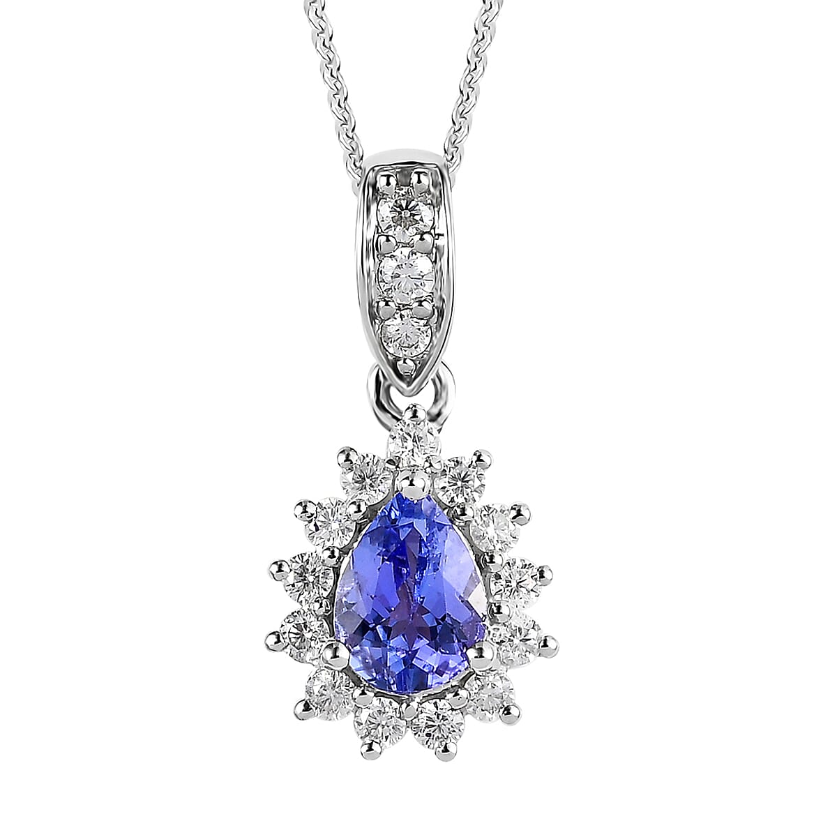 Tanzanite and Moissanite Sunburst Pendant Necklace 20 Inches in Platinum Over Sterling Silver 1.00 ctw