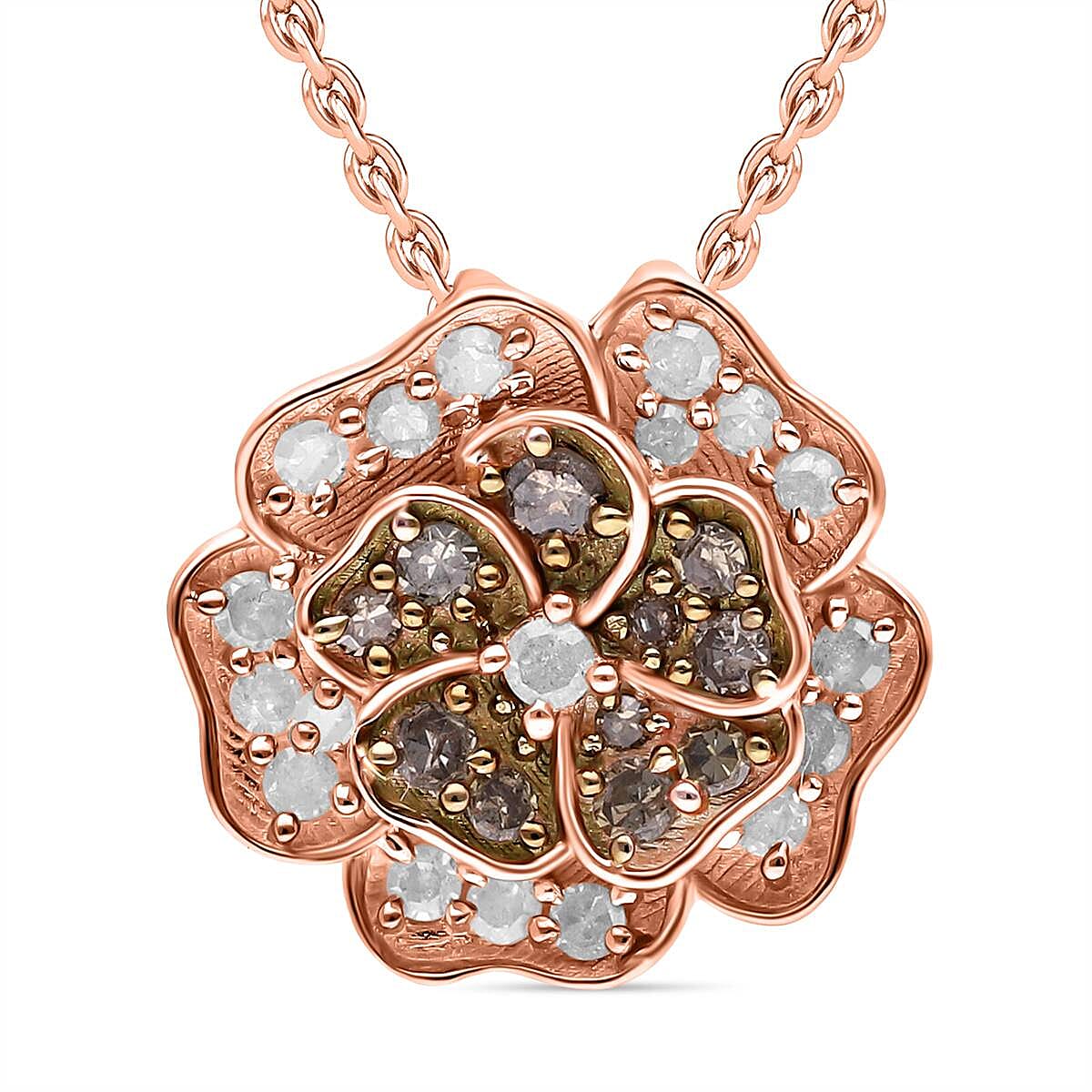Natural Champagne and White Diamond Floral Pendant Necklace 18 Inches in Vermeil Rose Gold Over Sterling Silver 0.33 ctw