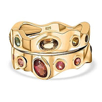 Multi-Tourmaline 0.95 ctw Set of 2 Ring in 14K YG Over Sterling Silver (Size 9)