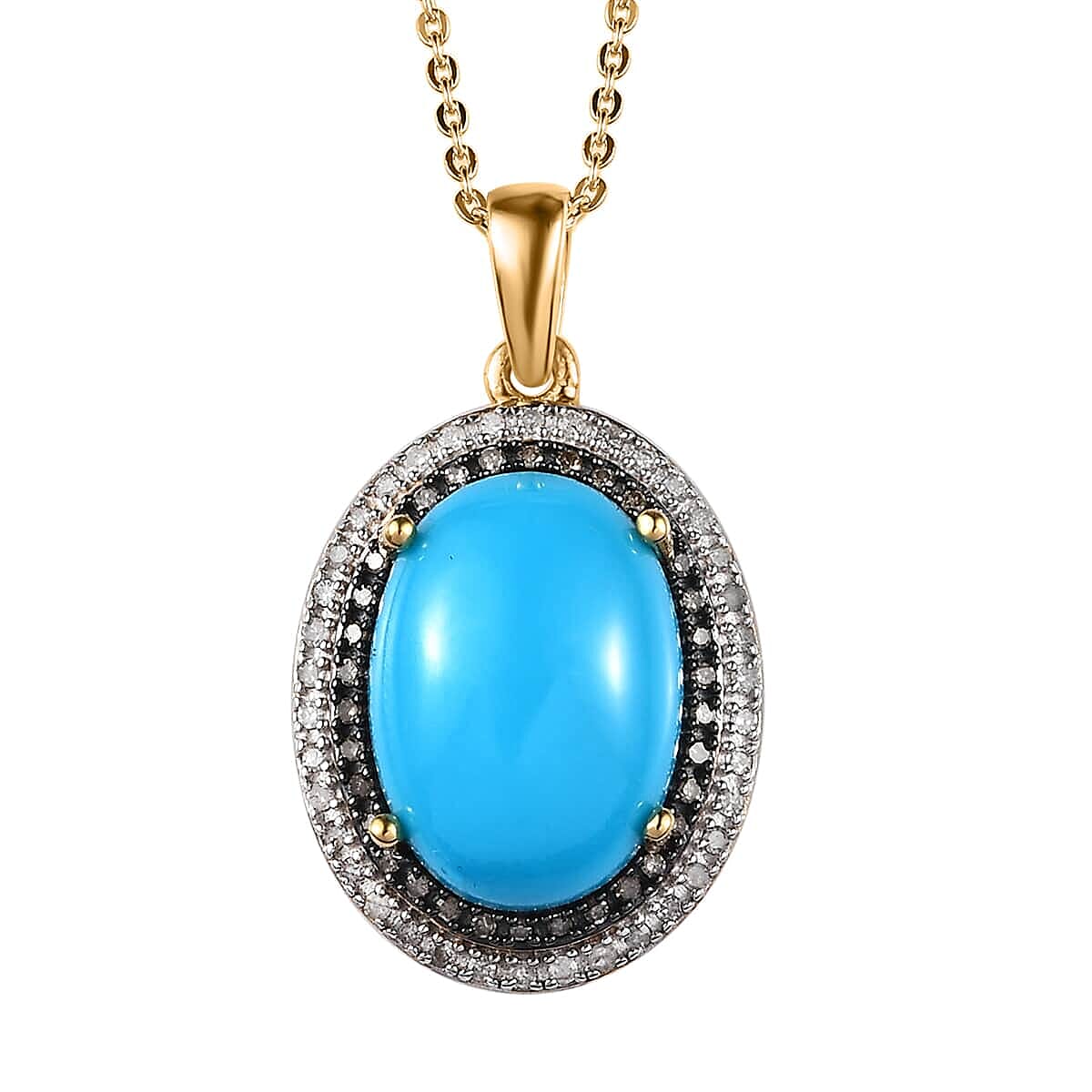 One Time Only Sleeping Beauty Turquoise, Red Diamond (IR), White Diamond (0.30 cts) Pendant Necklace (20 Inches) in Vermeil YG Over Sterling Silver 5.50 ctw