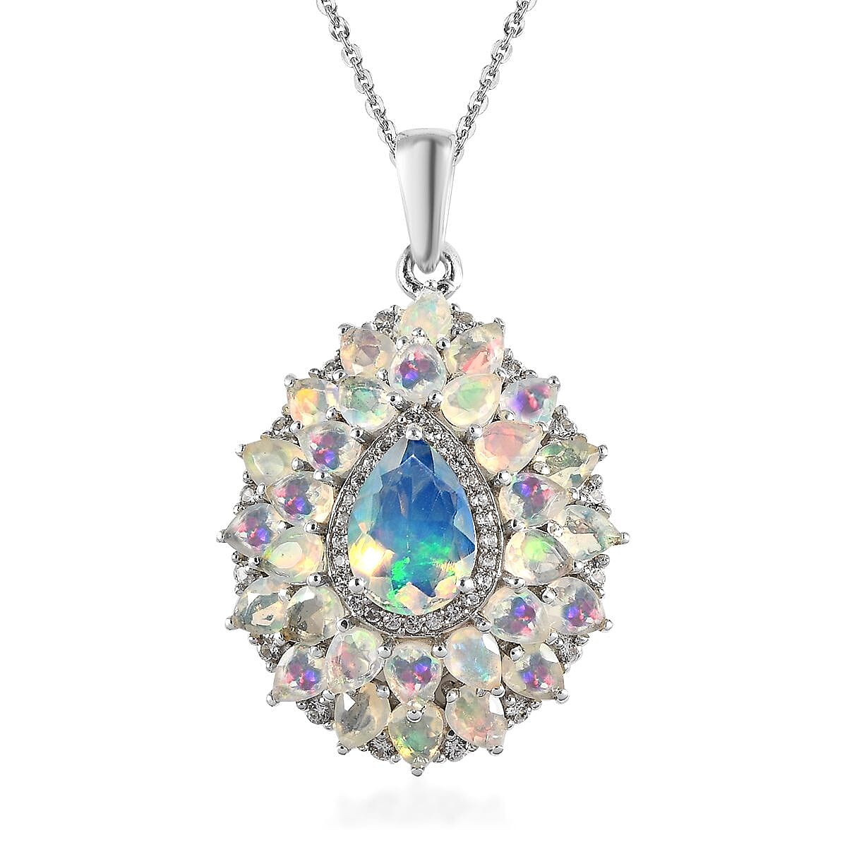 Premium Ethiopian Welo Opal and White Zircon Floral Pendant Necklace 20 Inches in Platinum Over Sterling Silver 4.35 ctw