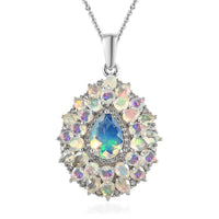 Premium Ethiopian Welo Opal and White Zircon Floral Pendant Necklace 20 Inches in Platinum Over Sterling Silver 4.35 ctw