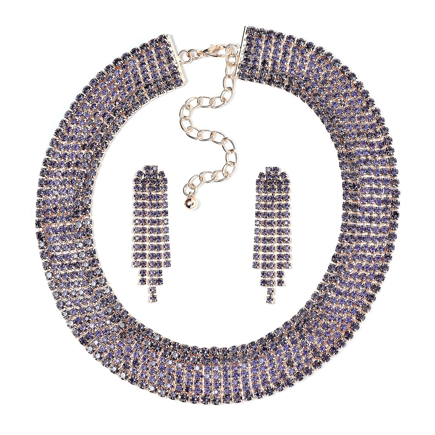 TLV Purple Austrian Crystal Necklace (18-22 Inches) and Earrings in Rosetone