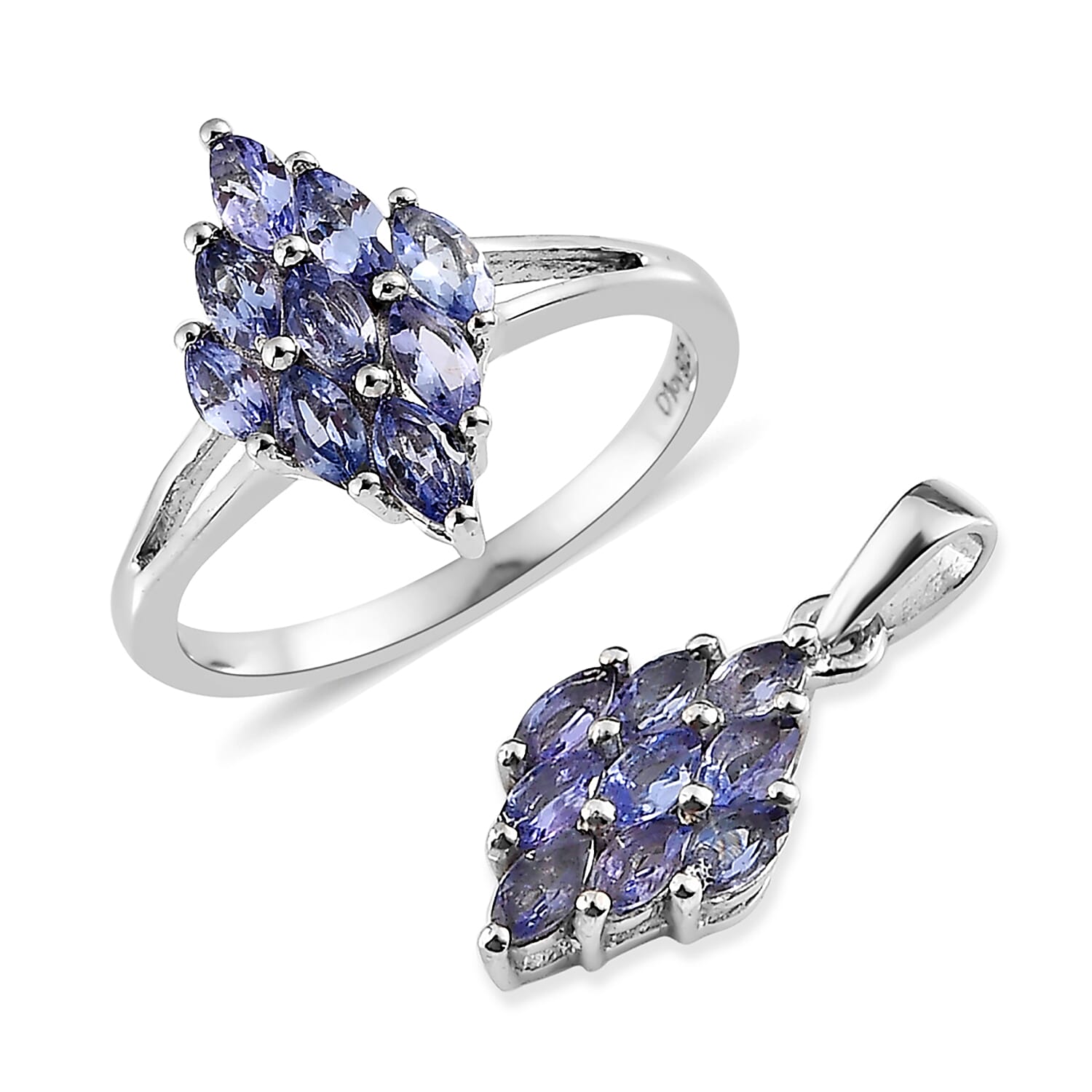 Tanzanite Cluster Ring and Pendant in Platinum Over Sterling Silver (Del. in 7-10 Days) 1.75 ctw