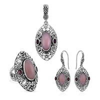 Bali Legacy Peruvian Pink Opal, Orissa Rhodolite Garnet Ring Size 6, Earrings and Pendant in Sterling Silver 19.35 ctw
