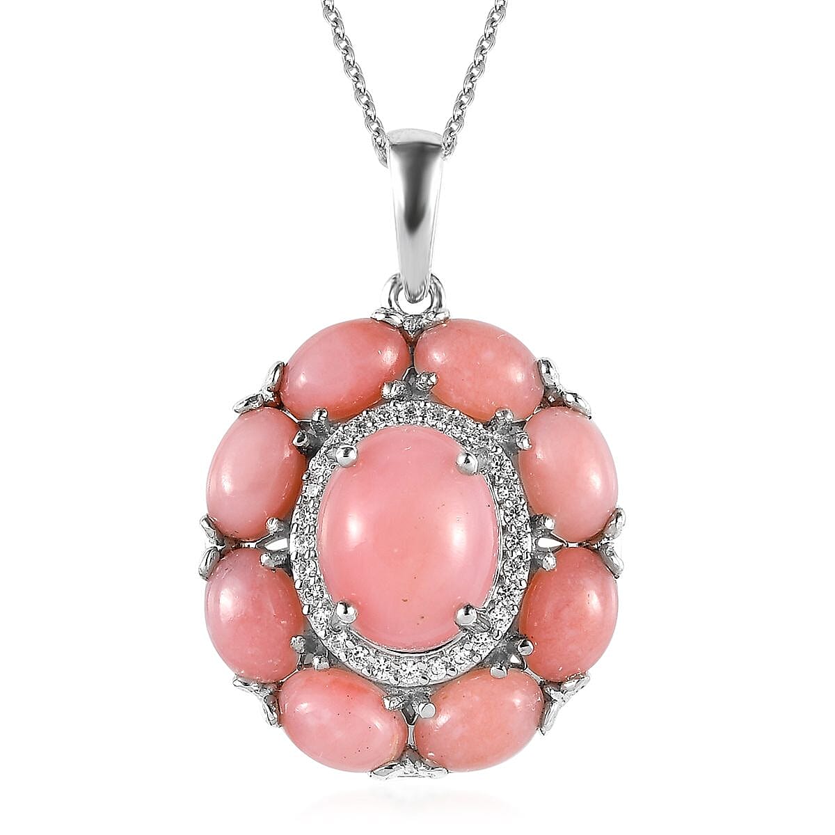 Premium Peruvian Pink Opal and White Zircon Cocktail Pendant Necklace 20 Inches in Platinum Over Sterling Silver 5.60 ctw