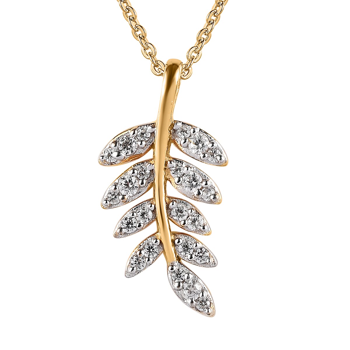 White Zircon Floral Leaf Pendant Necklace 20 Inches in Vermeil Yellow Gold Over Sterling Silver 0.25 ctw