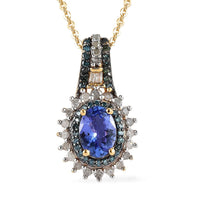 TLV AAA Tanzanite, Blue Diamond (IR), Diamond (0.35 cts) Sunburst Pendant Necklace (20 Inches) in Vermeil YG Over Sterling Silver 1.10 ctw