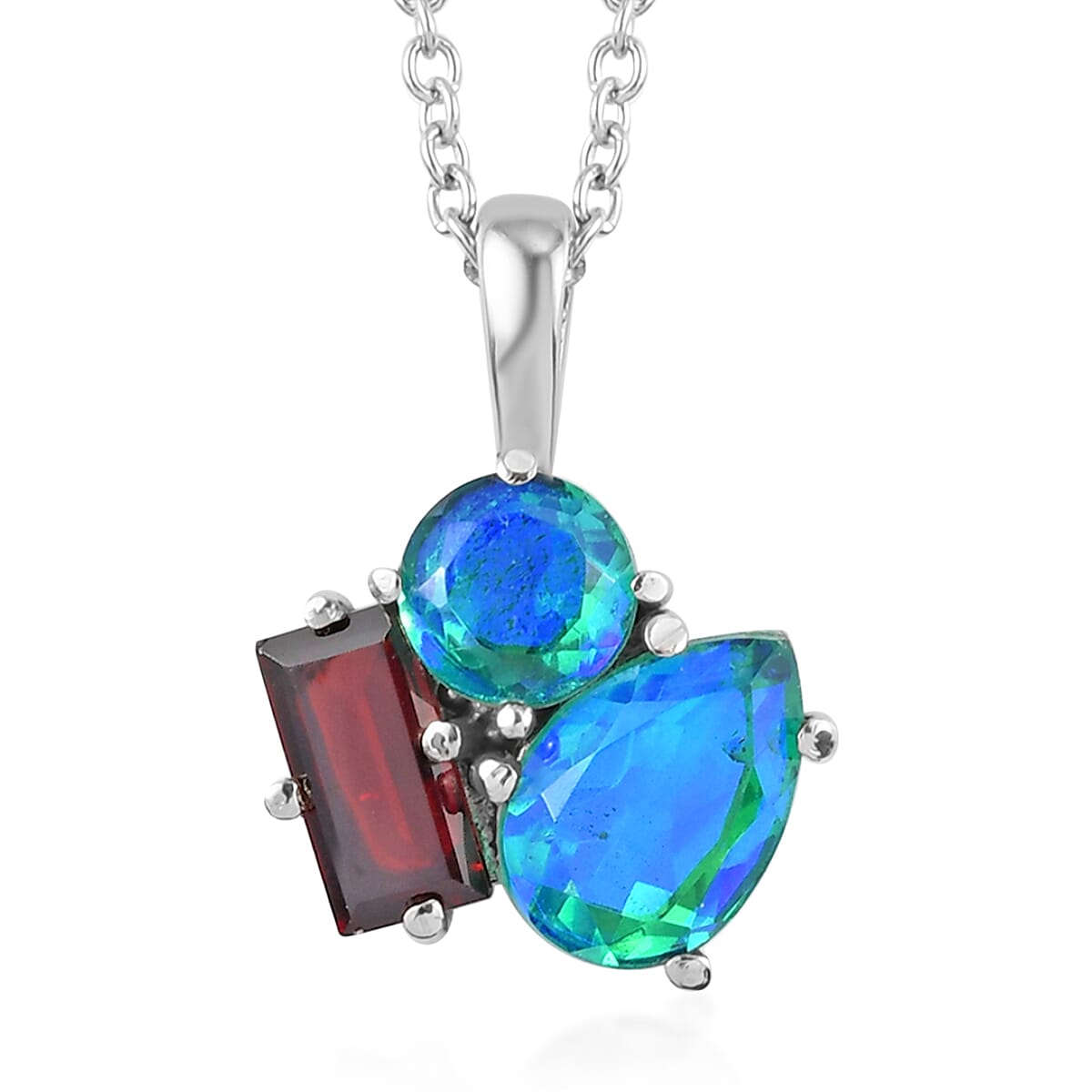 Peacock Quartz, Mozambique Garnet 3 Stone Pendant Necklace (20 Inches) in Stainless Steel 3.80 ctw , Tarnish-Free, Waterproof, Sweat Proof Jewelry