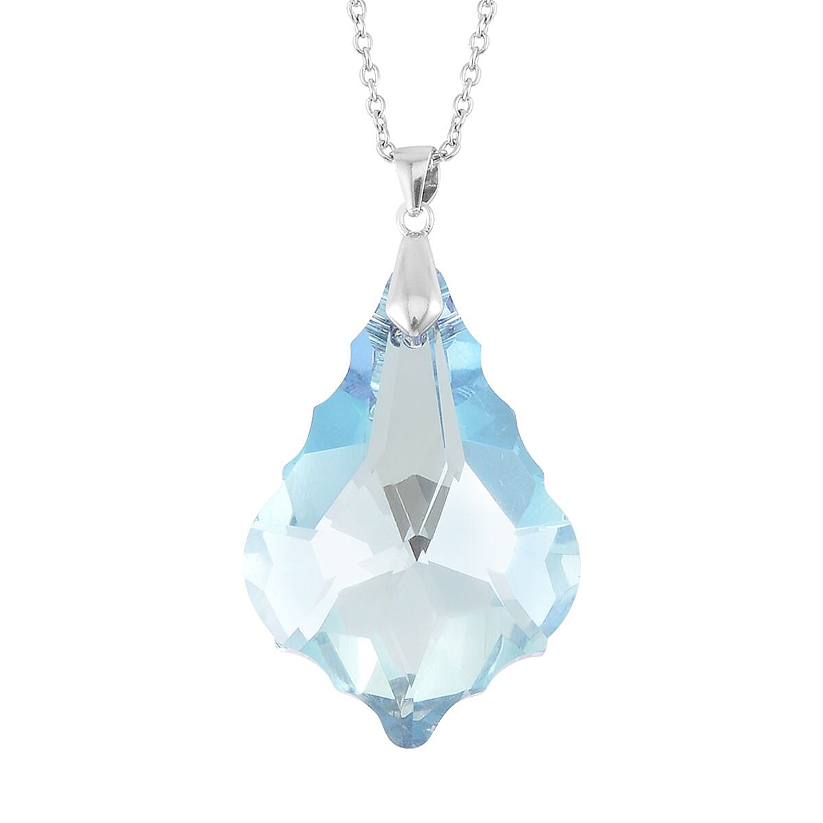 Simulated Aquamarine Pendant Necklace 20 Inches in Rhodium Over Sterling Silver and Stainless Steel