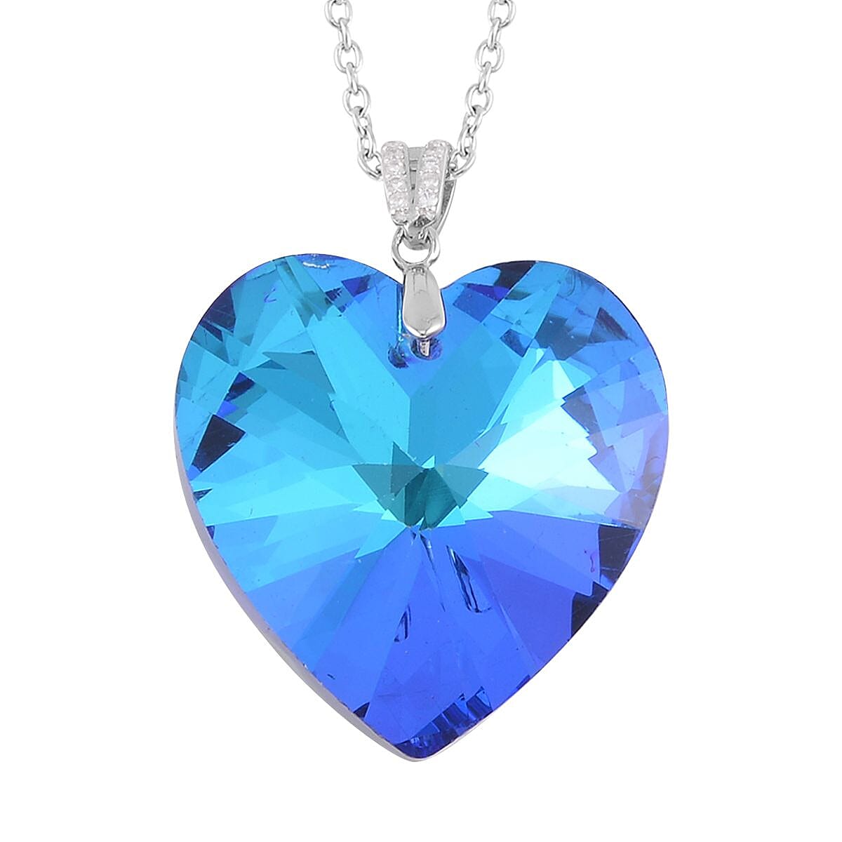 Simulated Blue Sapphire Heart Pendant Necklace 20 Inches in Rhodium Over Sterling Silver and Stainless Steel