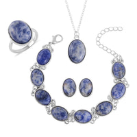 TLV Sodalite Beaded Bracelet (7.5-9.5In), Stud Earrings, Ring (Size 5.0) and Pendant Necklace (18 Inches) in Silvertone 110.00 ctw